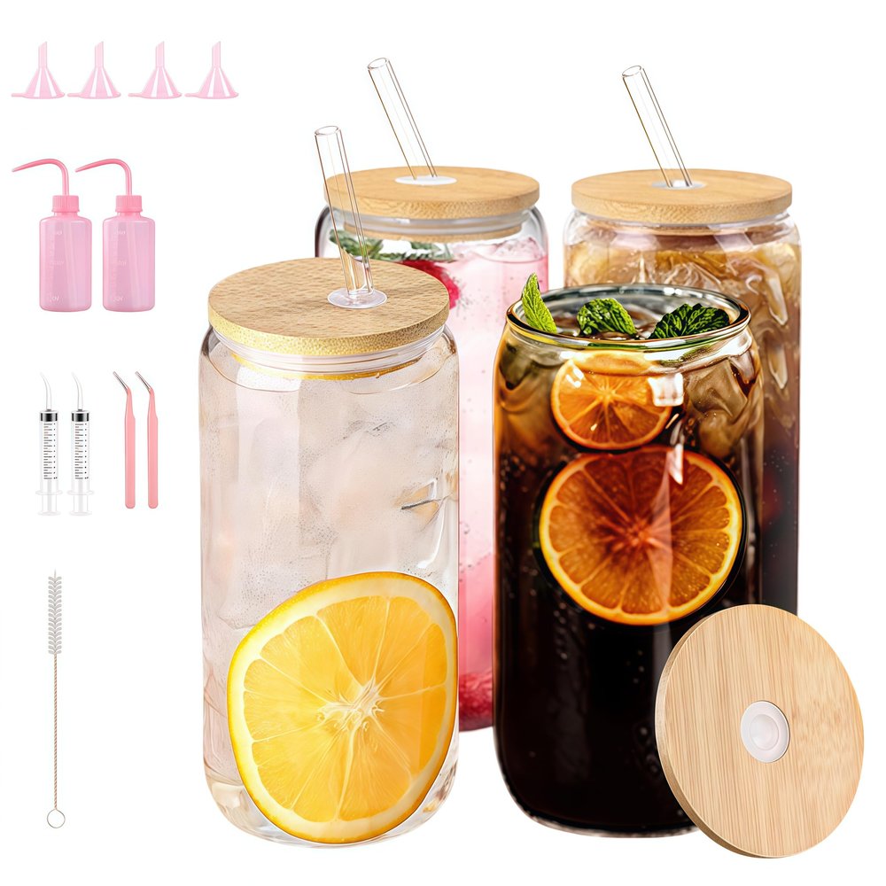 SEILETOO 16 oz Glass Tumblers with Bamboo Lids and Straws