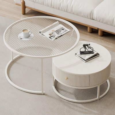 Modern Nesting Coffee Table Set of 2 with Storage Drawers, White (24 in + 18 in)