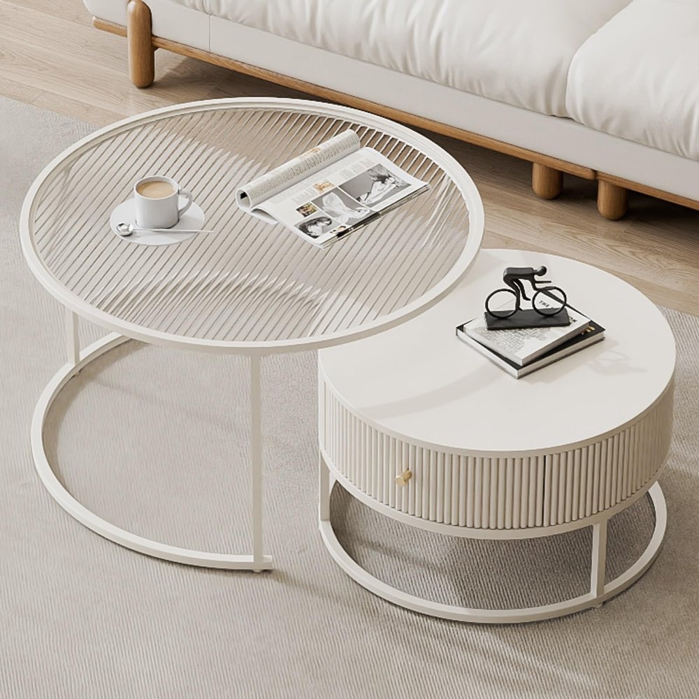 Modern Nesting Coffee Table Set of 2 with Storage Drawers, White (24 in + 18 in)