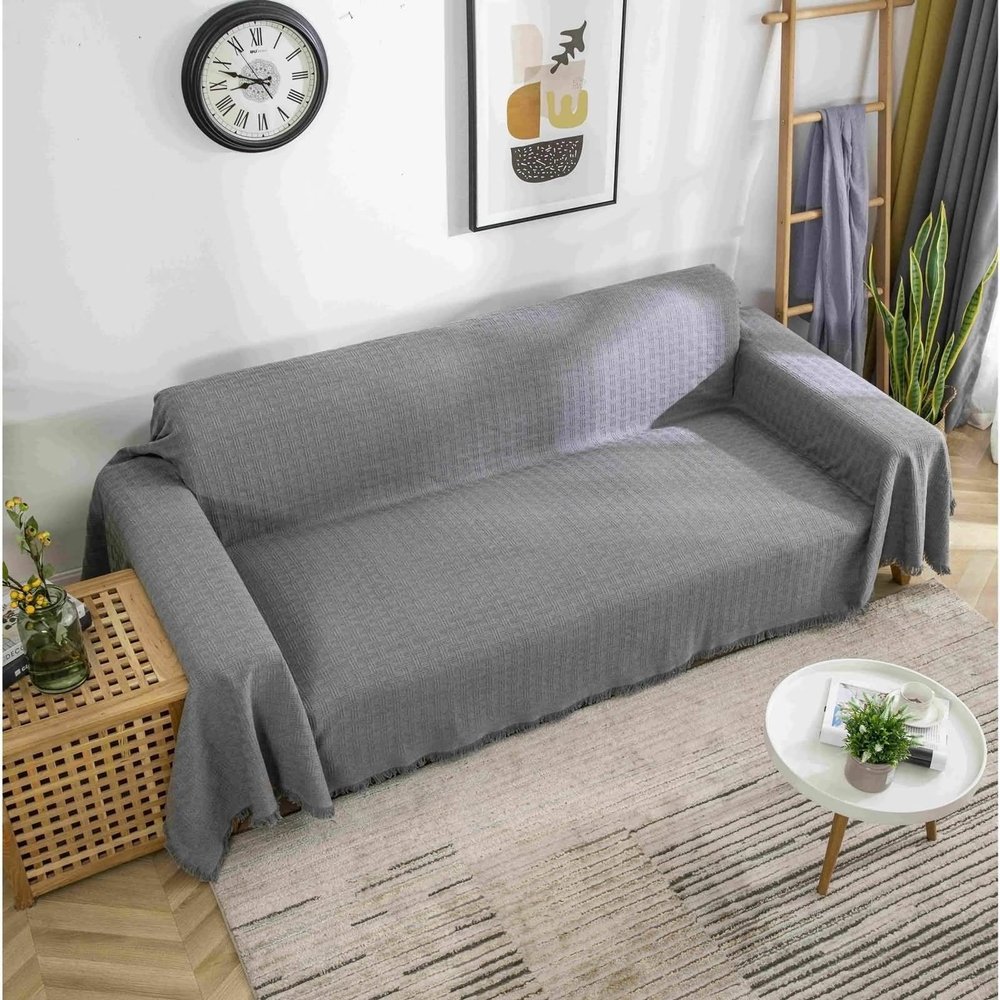 Skcess Blended-Fabric Sofa Cover, Dark Gray Grid Pattern with Tassels, 2-Seater (90 x 210 cm)