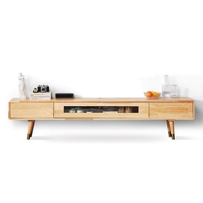 Easnuroz Modern Wall-Mounted TV Stand Cabinet with Glass Door and Wooden Legs, Wood, 140 × 20 × 24 cm