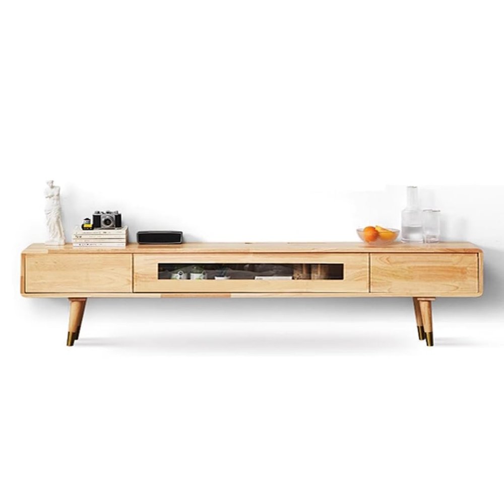 Easnuroz Modern Wall-Mounted TV Stand Cabinet with Glass Door and Wooden Legs, Wood, 140 × 20 × 24 cm