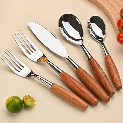 Cutlery Set, 5/20/30/40-Piece, Rosewood Handle, Mirror-Polished 304 Stainless Steel, Silver, 30-Piece for 6 People / 40-Piece for 8 People