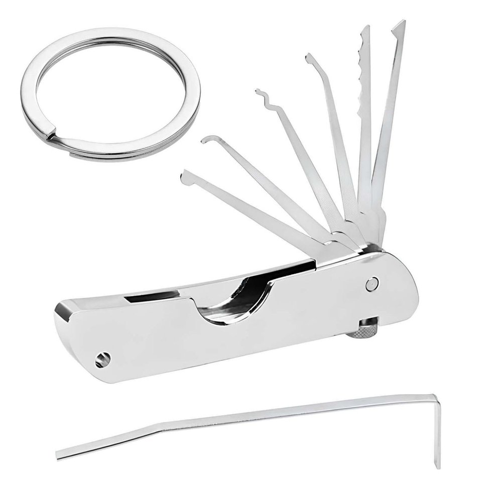 6-in-1 Lock Picking Set, Comb Picks, Long-Handle Hook Tools, Portable Stainless Steel Kit (1 pc)