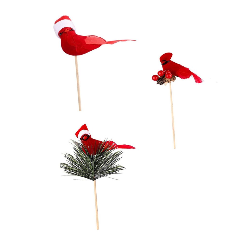 POPETPOP 3-Piece Red Cardinal Bird Christmas Tree Ornaments on Sticks