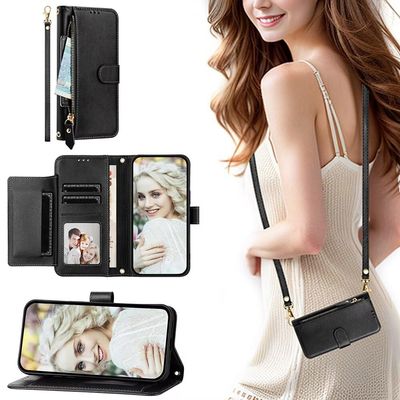 SEHEYA Phone Case for Samsung Galaxy A23 5G, Vintage PU Leather Crossbody Wallet Case with Zipper, Detachable Strap, Black