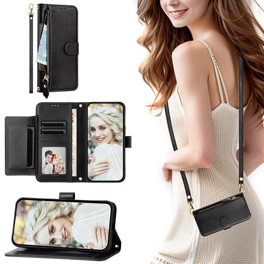 SEHEYA Phone Case for Samsung Galaxy A23 5G, Vintage PU Leather Crossbody Wallet Case with Zipper, Detachable Strap, Black