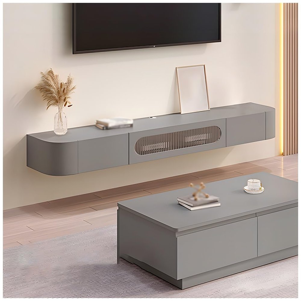 GAOAZHEN Floating TV Stand, Wall-Mounted Entertainment Console with Drawers and Glass Sliding-Door Storage, Gray, 180 cm