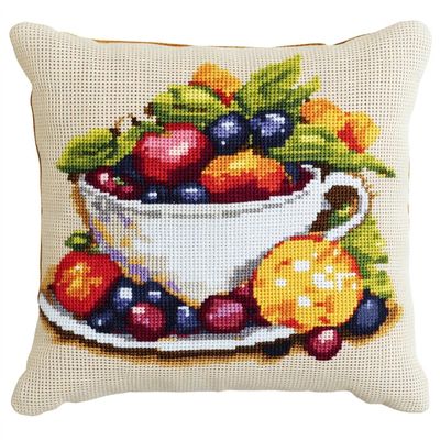 WallustrioaW Still Life Latch Hook Cushion Kit, Fruit in a Teacup, 43 x 43 cm