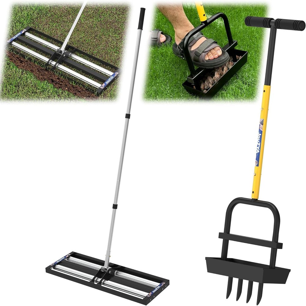 BCSRVCE Lawn Leveling Rake with Aluminum Rollers, 17 x 10 in Stainless Steel Tool, Core Aerator with Collection Tray