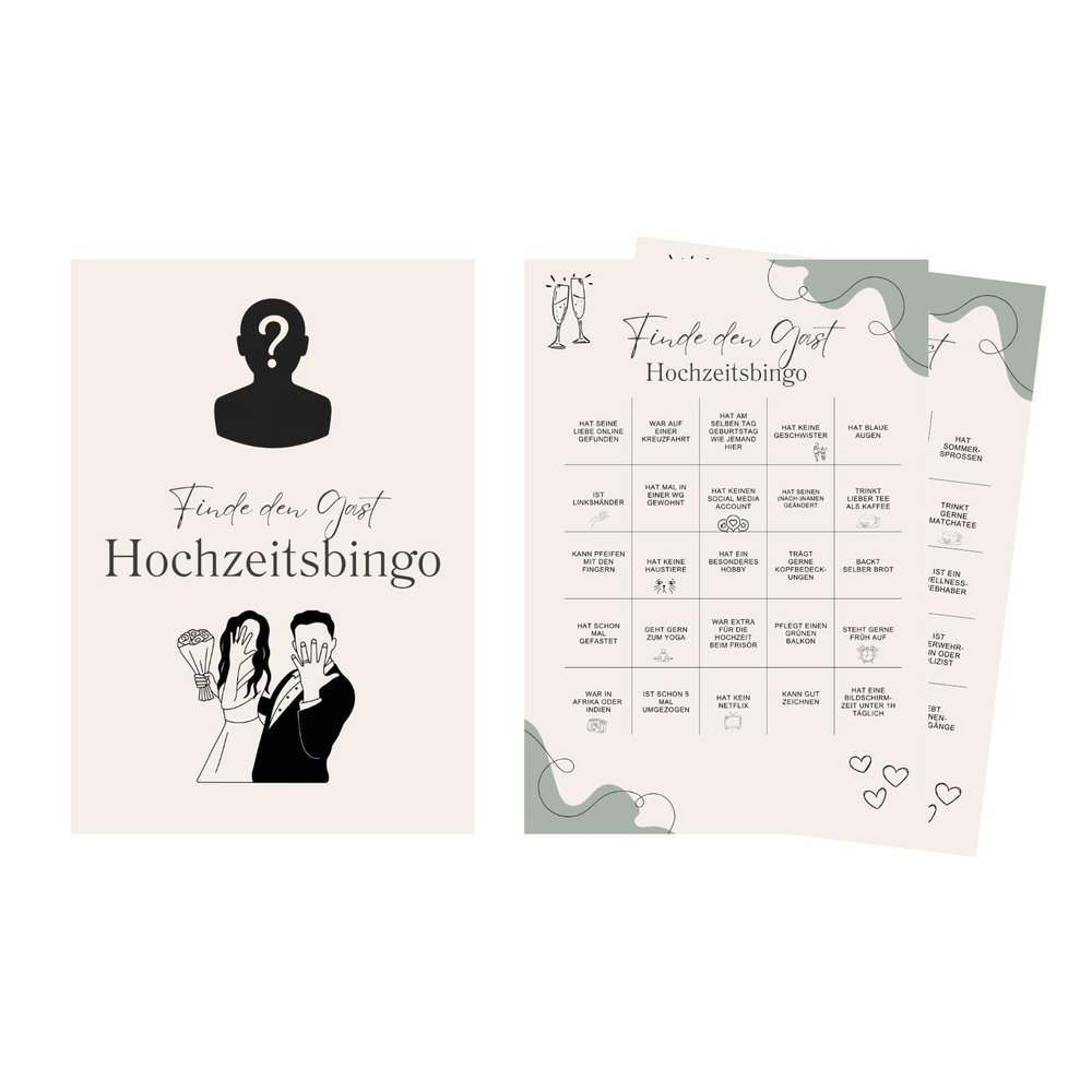 M Diagne Wedding Bingo, 25 Cards, Wedding Quiz and Party Game for Guests to Get Acquainted, DIN A5, Wedding Gift (25-Pack)