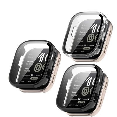 3-Pack Hard Case with Screen Protector for Amazfit Bip 6, HD Clear Built-In 9H Tempered Glass, Full Protection, Slim Cover (Black/Black/Clear)