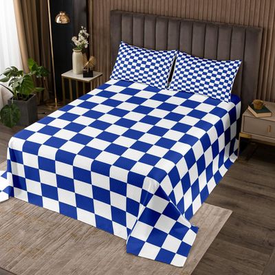 Manfei Royal Blue Grid Coverlet Set, Medium, Geometric Plaid with 2 Pillow Shams