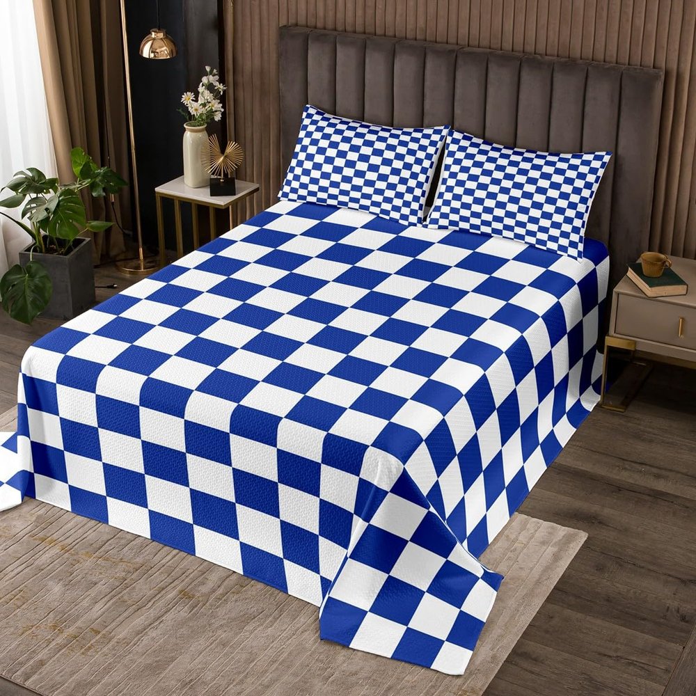 Manfei Royal Blue Grid Coverlet Set, Medium, Geometric Plaid with 2 Pillow Shams