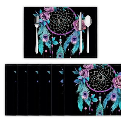 Creative Dream Catcher Premium Cotton and Linen Placemats, Feathers and Flowers, 6-Piece Set, 30 x 45 cm