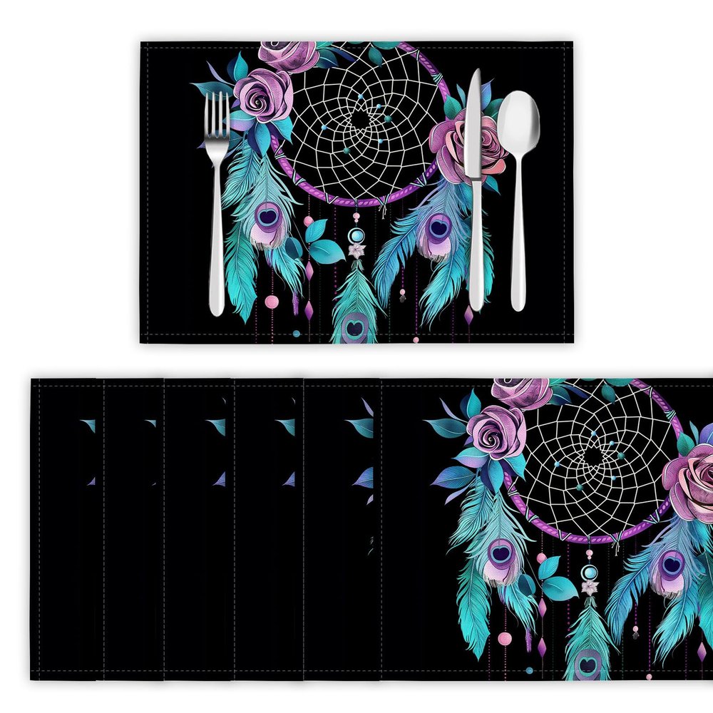 Creative Dream Catcher Premium Cotton and Linen Placemats, Feathers and Flowers, 6-Piece Set, 30 x 45 cm