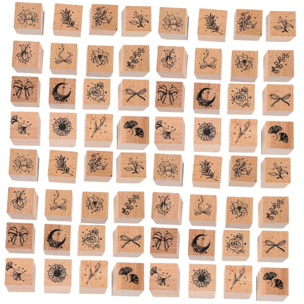 HOMSFOU 4 Sets Children's Wooden Stamps, Number, Birthday, Personalized, Journaling, Name and Flower Stamps, 16 Pieces Each