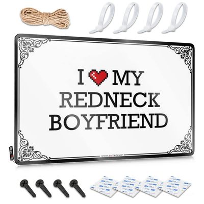 Vintage Metal Sign “Bar Mirrors for Man Cave I Love My Redneck Boyfriend,” 20 x 30 cm