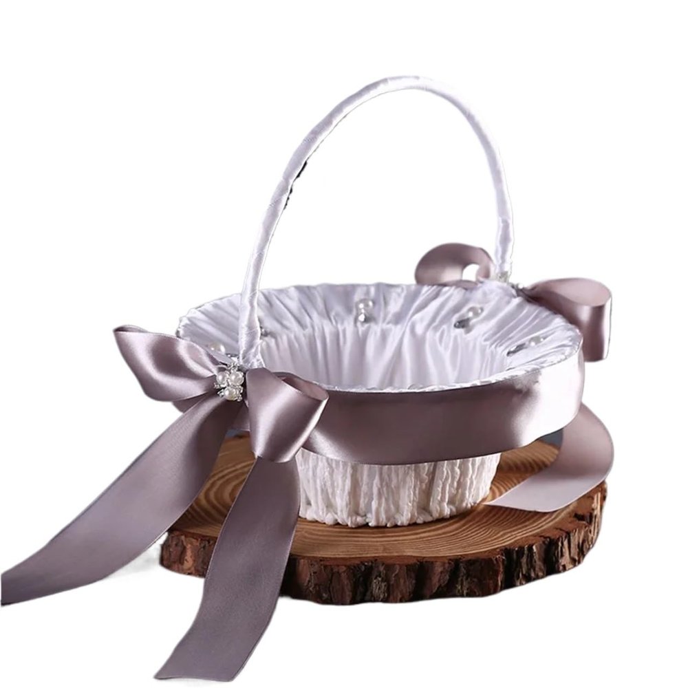 QCKNKMGG Flower Girl Basket with Wedding Ribbon and Lace