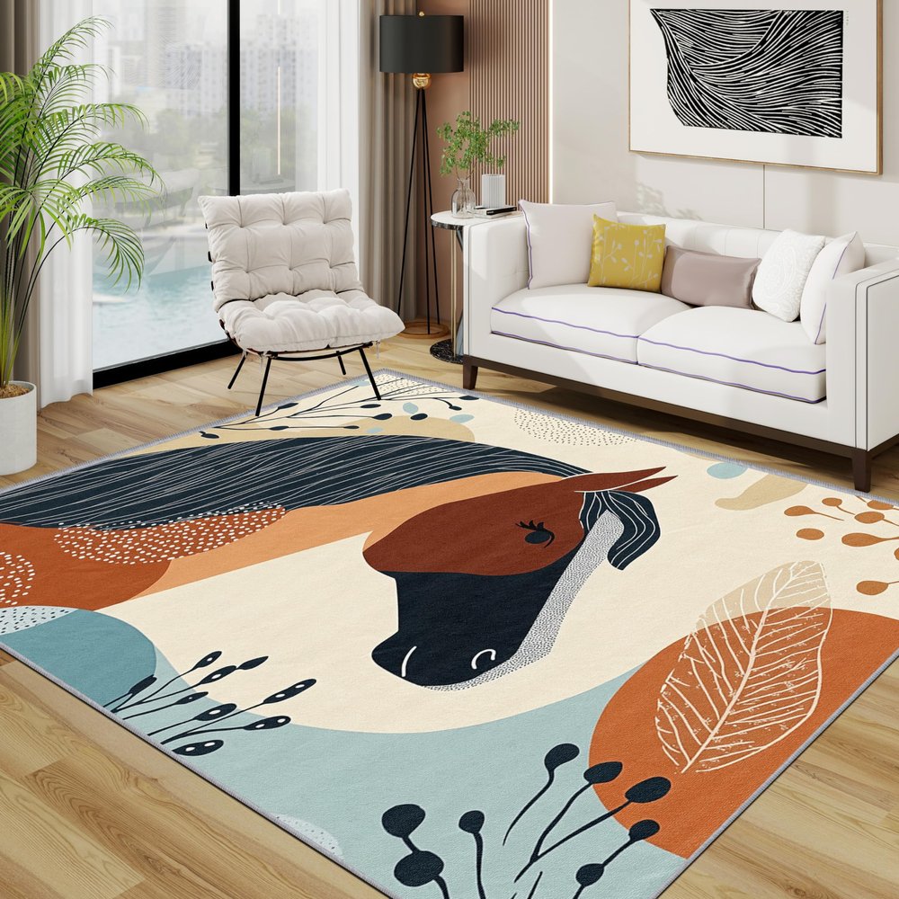 Generic Horse Farm Animal Entryway Rug, Washable Non-Slip Short-Pile, 50 x 80 cm, Brown Beige