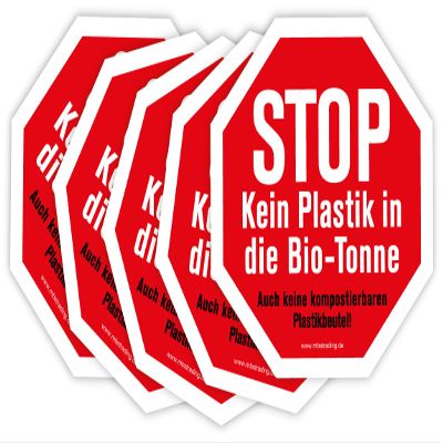 5-Pack Red Octagonal Recycling Warning Stickers, STOP No Plastic in Organic Waste Bin, 15 x 15 cm, Made in Germany