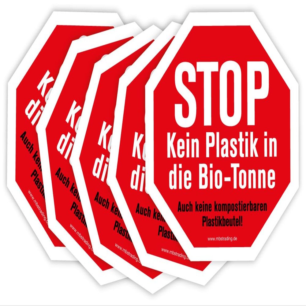 5-Pack Red Octagonal Recycling Warning Stickers, STOP No Plastic in Organic Waste Bin, 15 x 15 cm, Made in Germany