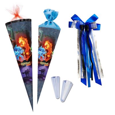 Nestler School Cone Set to Fill, Handmade Cardboard Cone, Schleich Eldrador Creatures 2, Tip Protector, Bow, Light Blue, 70 cm Round