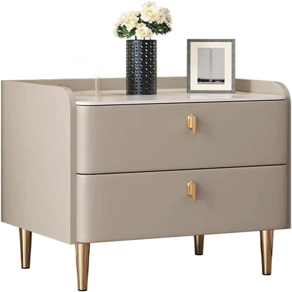 Wood Nightstand with Drawers, Faux Marble Top and PU Leather Accents
