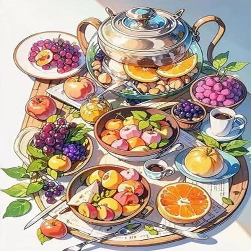 Weiniuniu Printed Cross-Stitch Kit, Afternoon Tea with Fruits, 11 CT, 50 x 70 cm