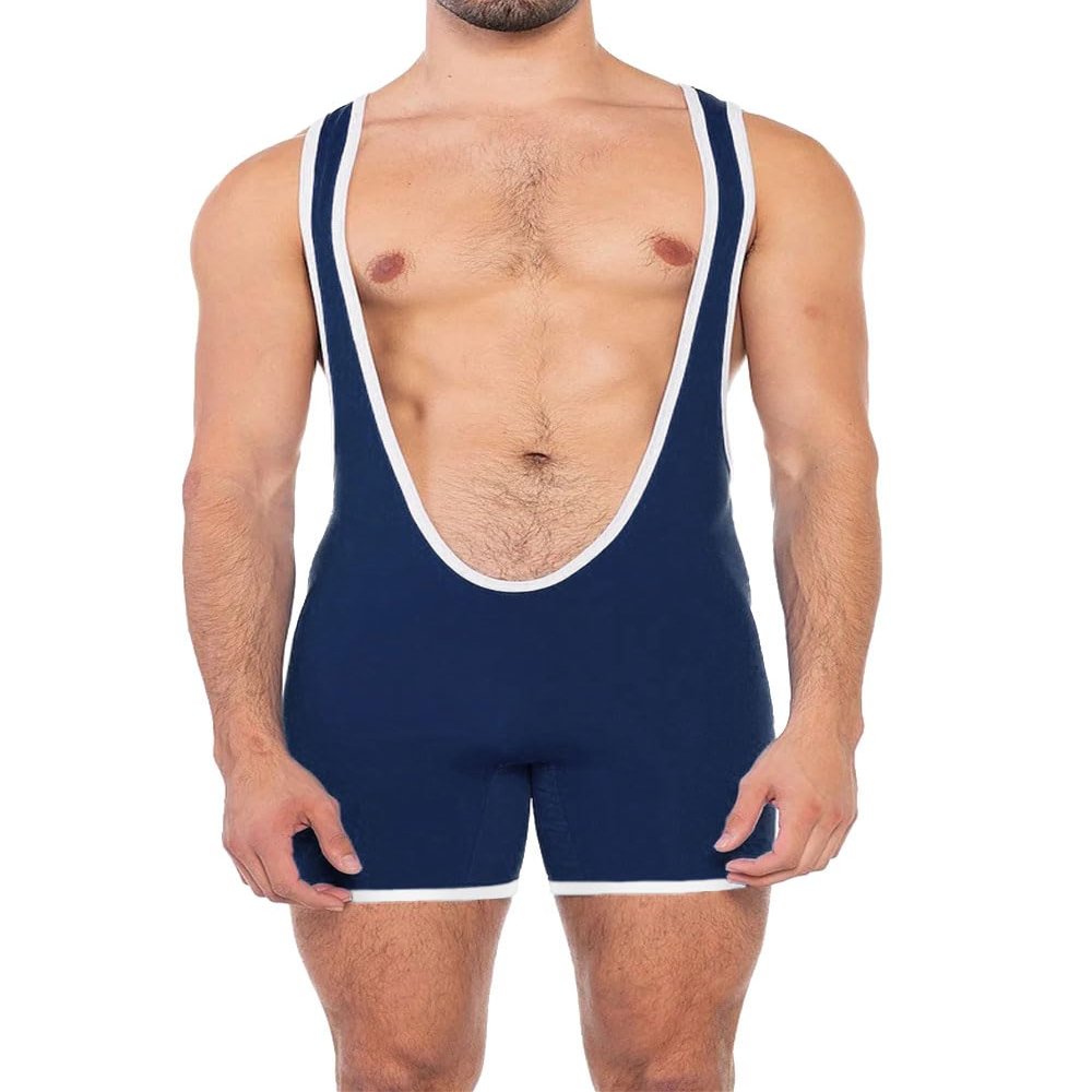 Muscle Alive Men's Deep-Cut Wrestling Singlet, Navy Blue, S