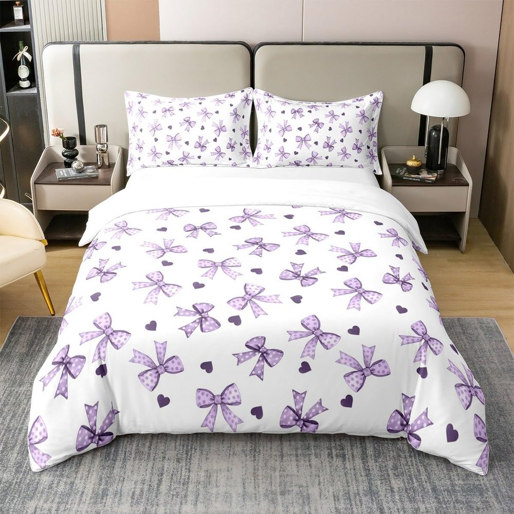 Loussiesd Purple Bow 100% Cotton Duvet Cover Set, 155 x 220 cm