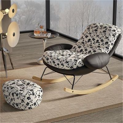 TINGMIAN High-Back Rocking Chair with Ottoman, Flowers + Black