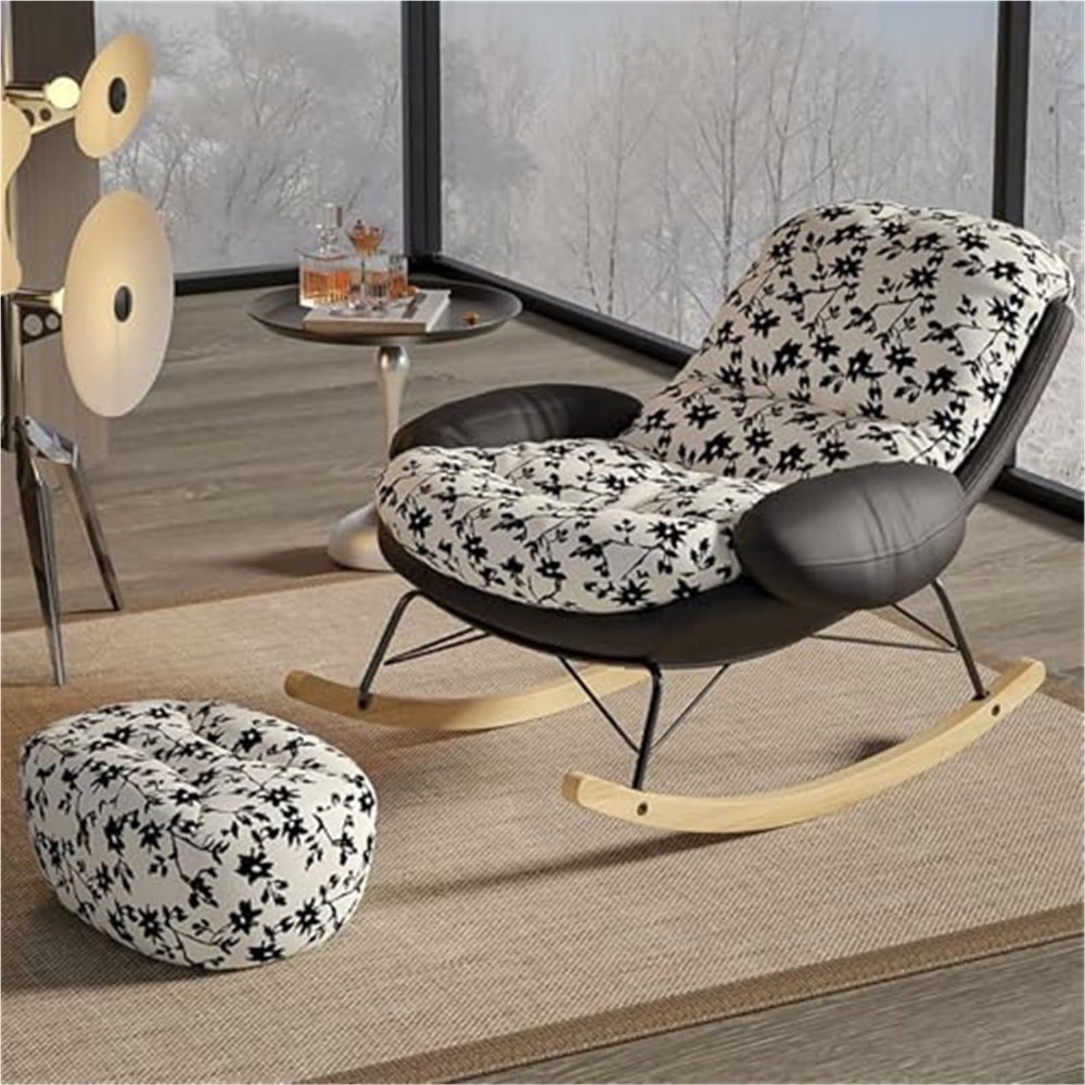 TINGMIAN High-Back Rocking Chair with Ottoman, Flowers + Black