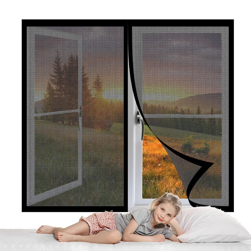 Magnetic Window Fly Screen 123 x 106 cm, No-Drill Insect Net, Black