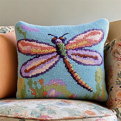 ORLUMY DIY Latch Hook Rug Cushion Cover Kit, Dragonfly, 43 x 43 cm (17 x 17 in)