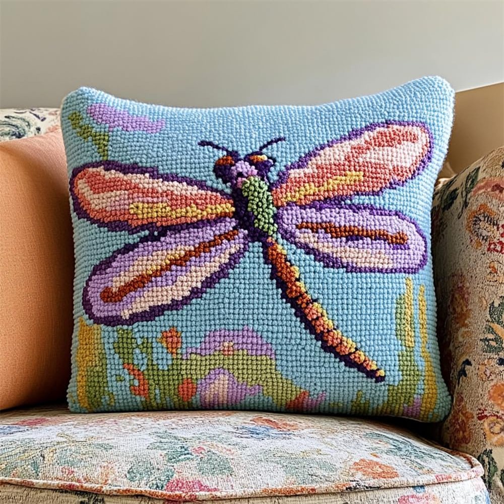 ORLUMY DIY Latch Hook Rug Cushion Cover Kit, Dragonfly, 43 x 43 cm (17 x 17 in)