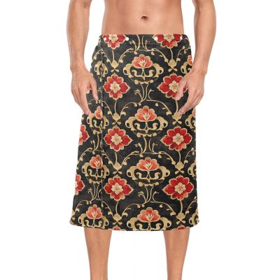 Men's Chinese-Style Shower Wrap, Elegant Floral Design, Red Coral Fleece, 152.4 x 71.1 cm