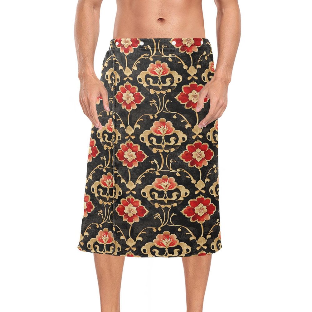 Men's Chinese-Style Shower Wrap, Elegant Floral Design, Red Coral Fleece, 152.4 x 71.1 cm