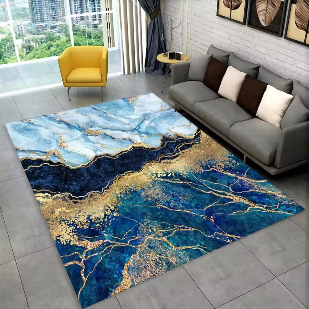Nordic Blue Gray Gold Marble Area Rug, 120 x 180 cm, Color 5