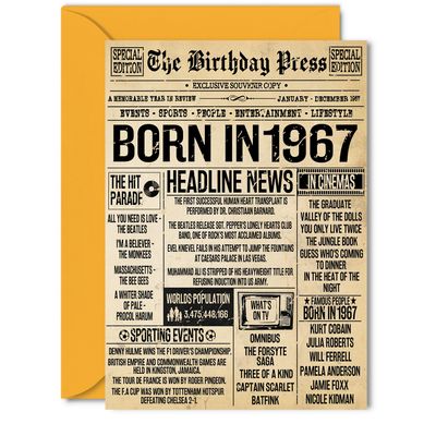 58th Birthday Card for Women and Men, Bday Press Newspaper 1967