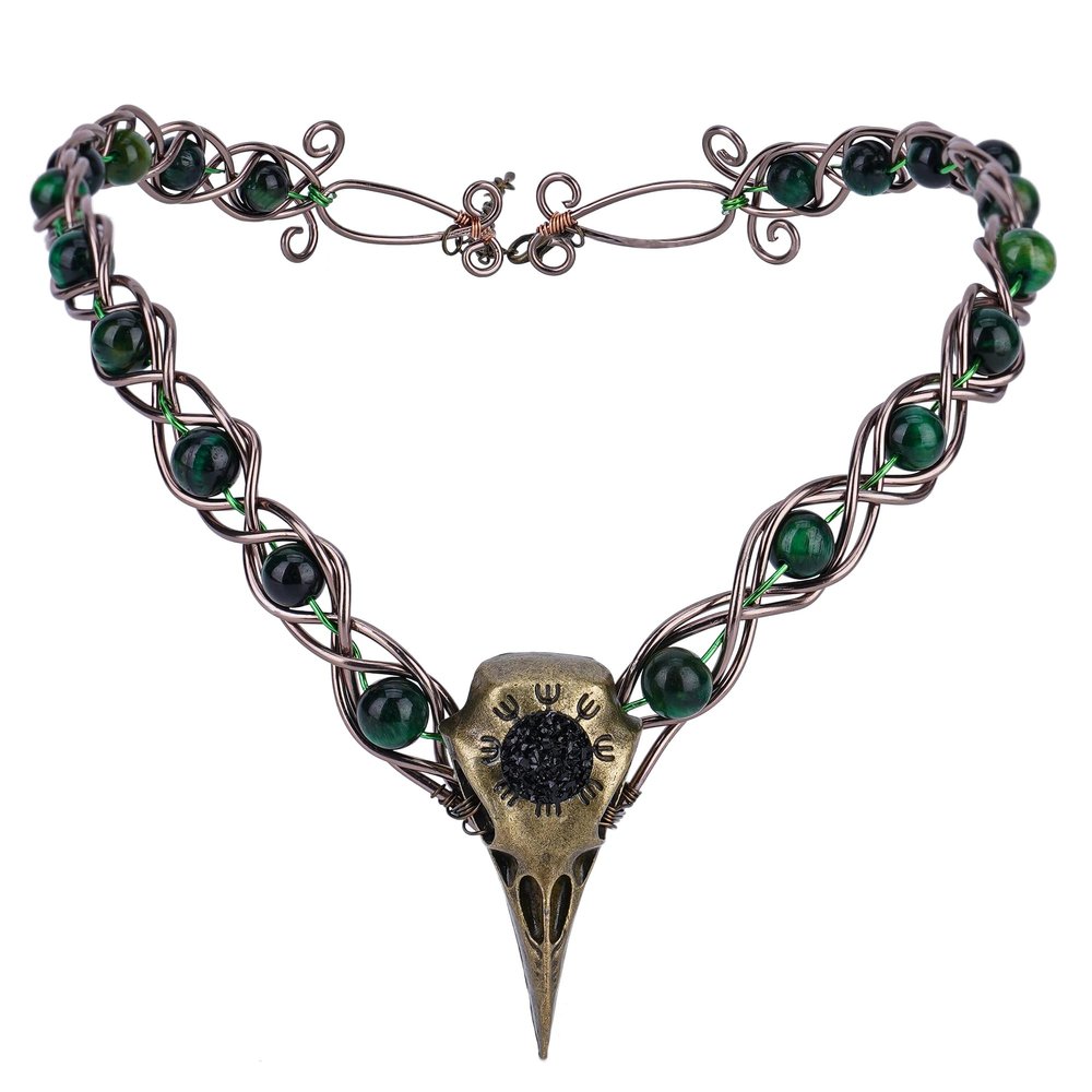 PartyforU Celtic Elf Crown for Renaissance Women, Cosplay Viking Raven Headpiece with Green Pearl for Halloween Witch Costumes