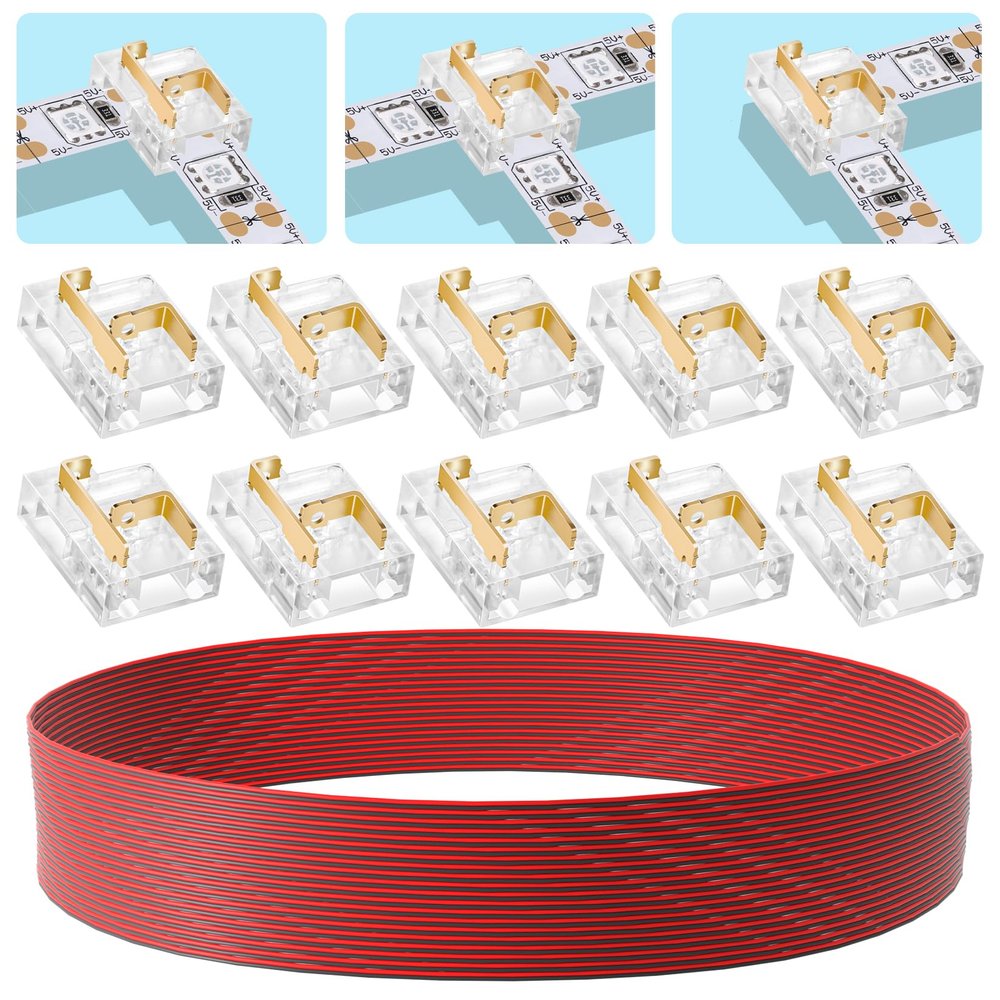 LYGKJ 10-Pack 10 mm 2-Pin COB/SMD LED Connectors, Transparent, with 20 m 22 AWG LED Cable