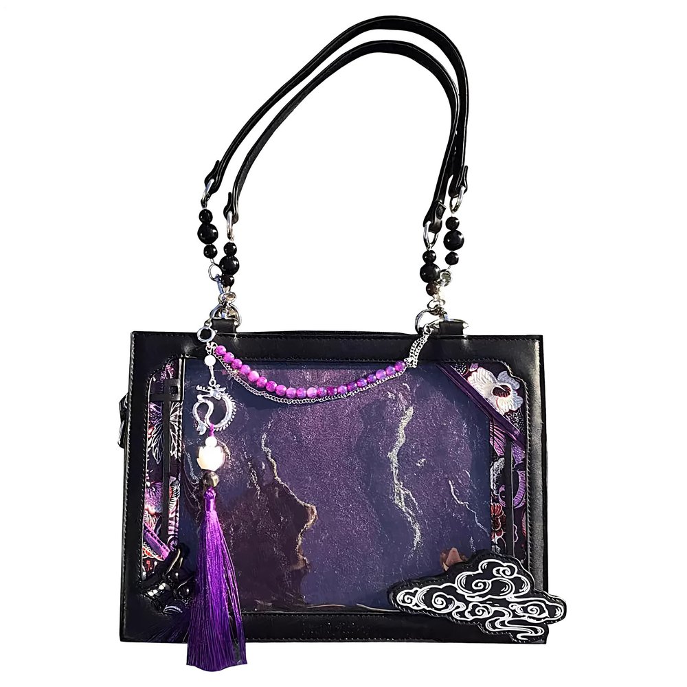 Chinese-Style Vintage Tote Bag with Transparent Window, Black Purple