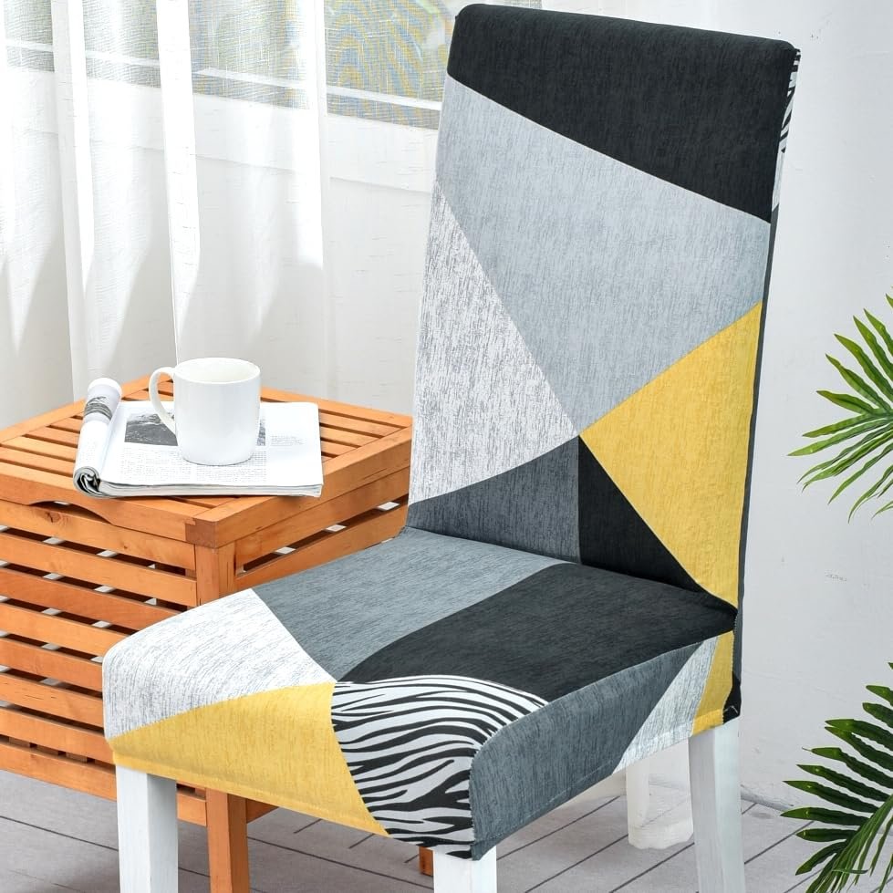 Gray and Yellow Chair Covers, Set of 4, Stretch Slipcovers