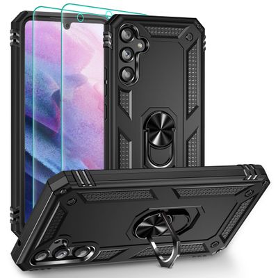 Case for Samsung Galaxy A34 5G, 14-Foot Drop Protection, Screen Protector, 360° Metal Ring Stand, Black