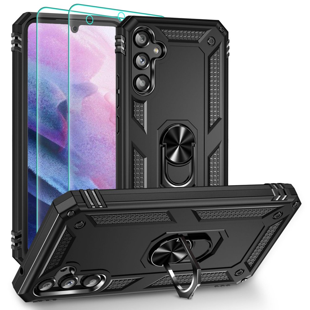 Case for Samsung Galaxy A34 5G, 14-Foot Drop Protection, Screen Protector, 360° Metal Ring Stand, Black