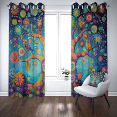 Kioldoq Colorful Tree Owl Blackout Curtains, 175 x 140 cm, 2-Piece Set