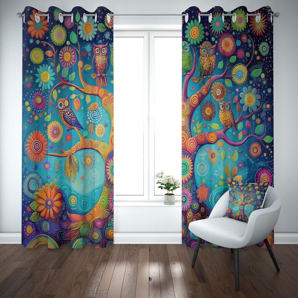 Kioldoq Colorful Tree Owl Blackout Curtains, 175 x 140 cm, 2-Piece Set
