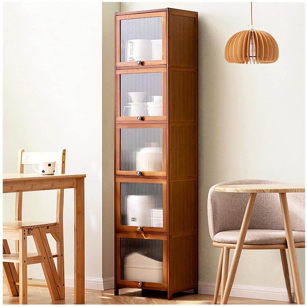 Tall Kitchen Pantry Cabinet, Farmhouse Cabinet with Doors, Narrow Rustic Bamboo Cabinet for Kitchen, Dining Room, or Bathroom, 40×172 cm (15.7×67.7 in)