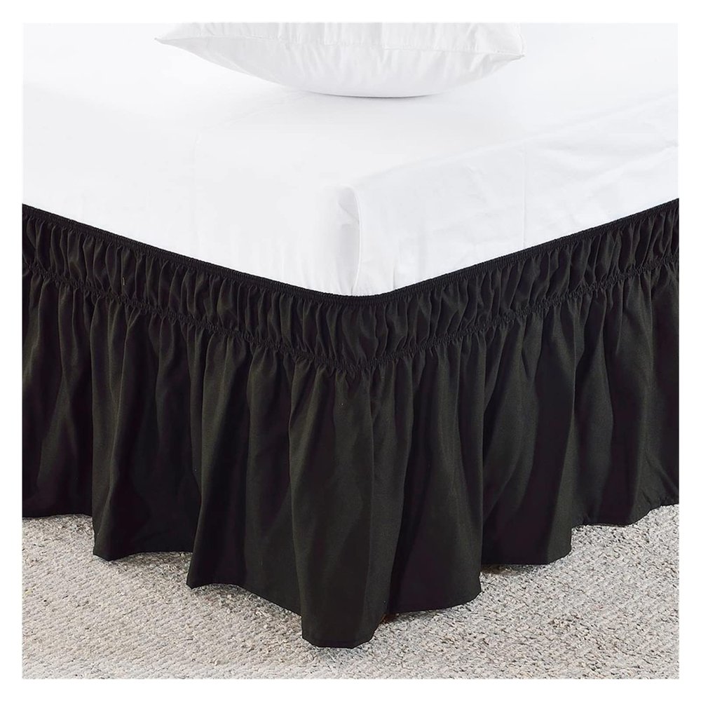 FOELANNE Embroidered Mattress Bed Skirt, Elastic Band, No Bed Lifting Required, Easy to Put On and Remove, Dust-Resistant, Tailored Drop (Black, 100 cm x 200 cm)